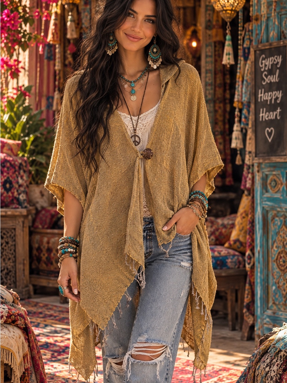 Jaded Gypsy One Size Boho Hooded Poncho Cardigan 🤎